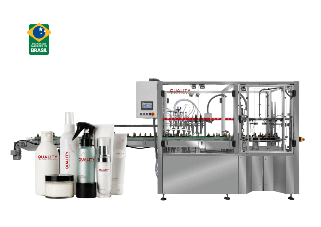 Máquina de envase e tampamento automático para cosméticos líquidos e pastosos da Quality Machines, com design ultraflexível e tecnologia de alta precisão.